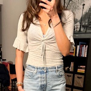 Gray Ruched Tie Front Top